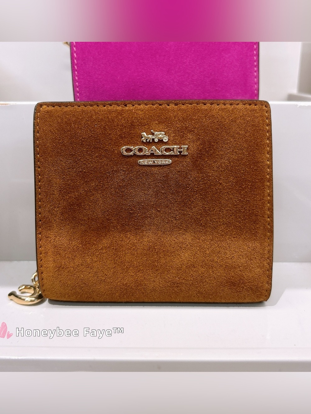 Coach snap Suede Compact Wallet in Chestnut Brown with Gold Logo